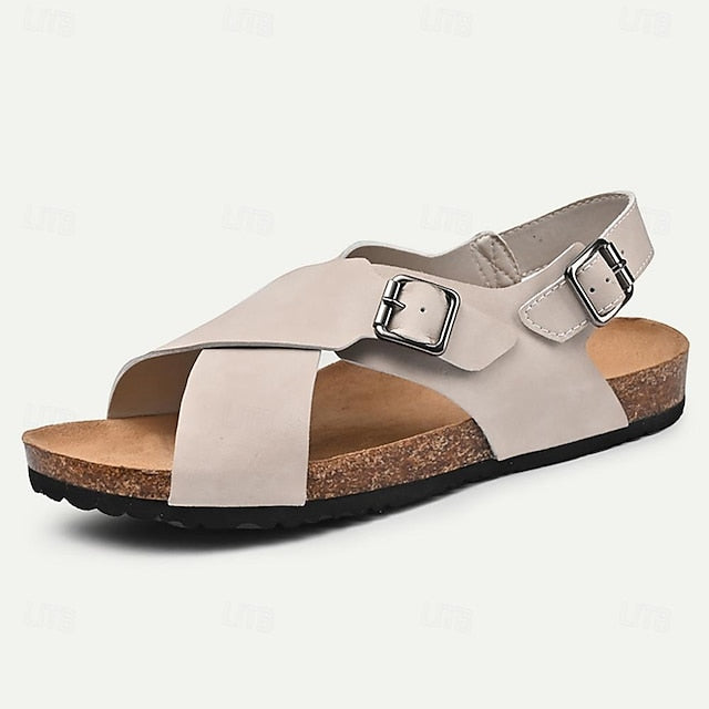 Men's Leather Flat Sandals with Buckle for Breathable Summer Wear - 59 Street Vibes