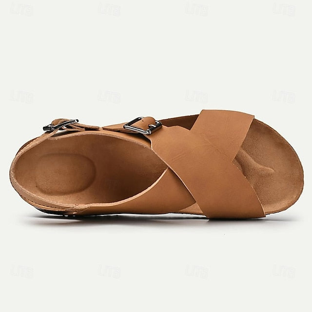 Men's Leather Flat Sandals with Buckle for Breathable Summer Wear - 59 Street Vibes